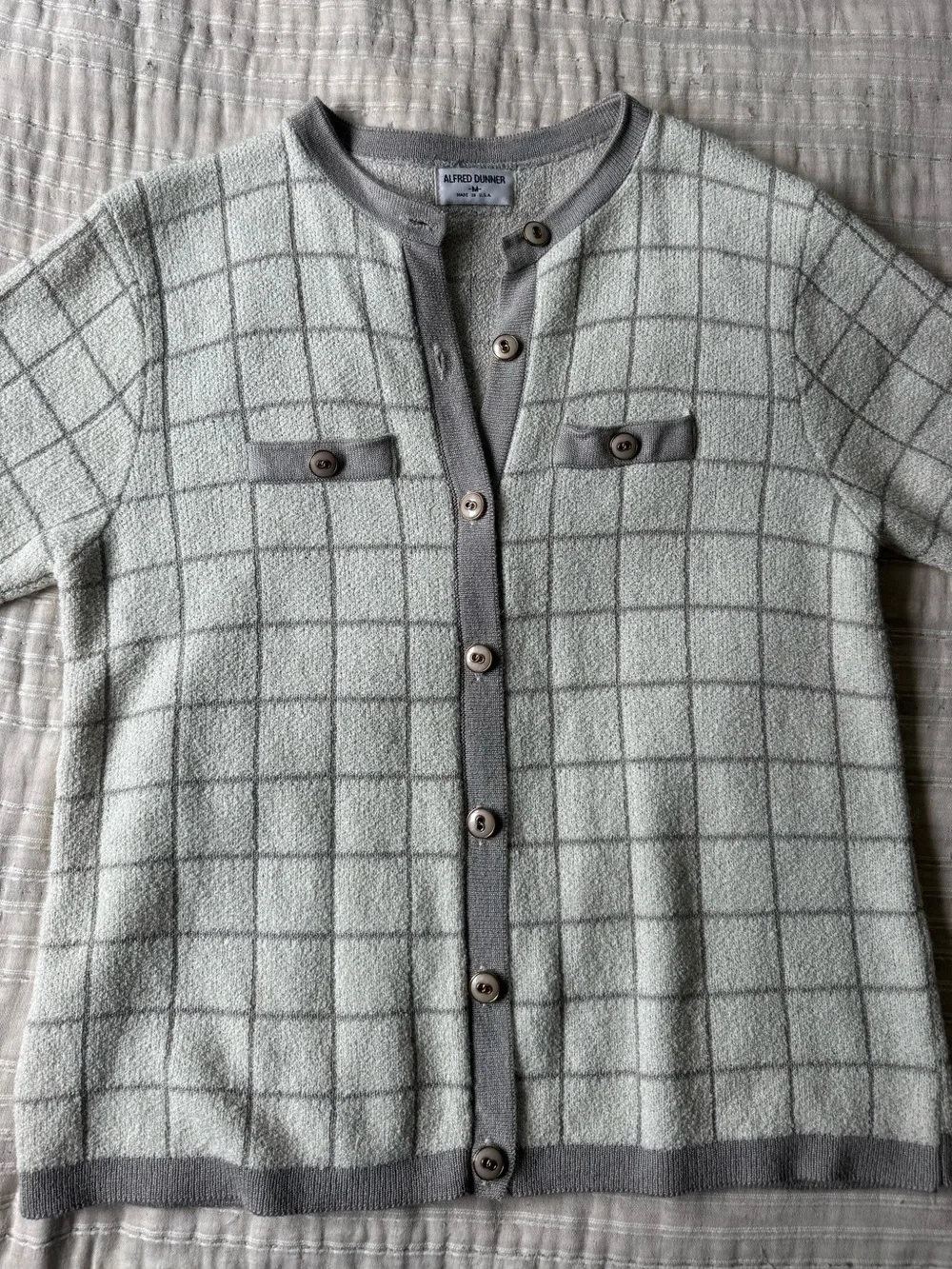 Alfred Dunner Cream and Gray Grid Short-Sleeve Button Cardigan
